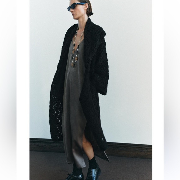 Zara Long Textured knit Coat With Wide Lapel Collar/Sleeves medium - Picture 2 of 16